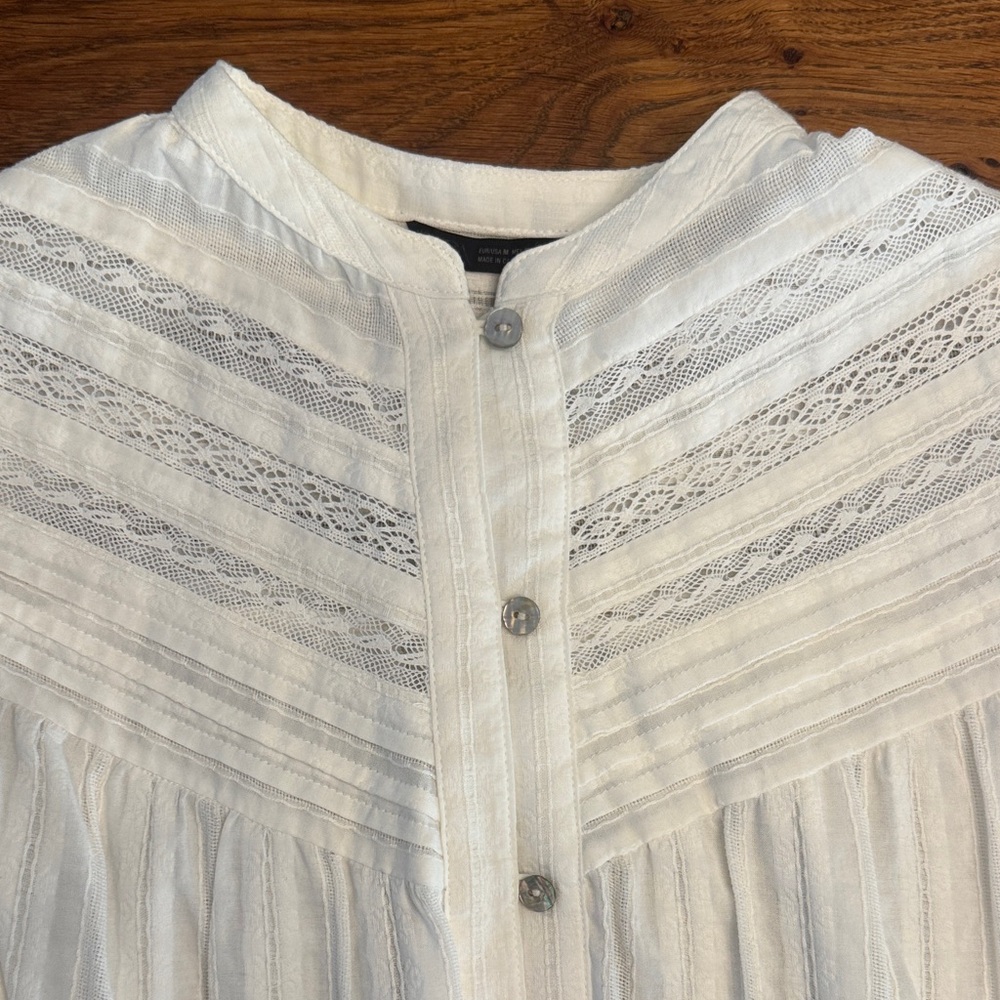 Zara Cream Button-Up Textured Lace Yoke Blouse